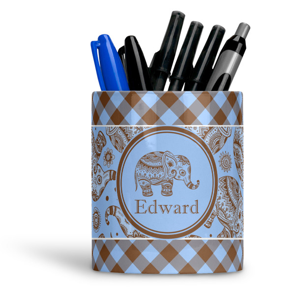 Custom Gingham & Elephants Ceramic Pen Holder