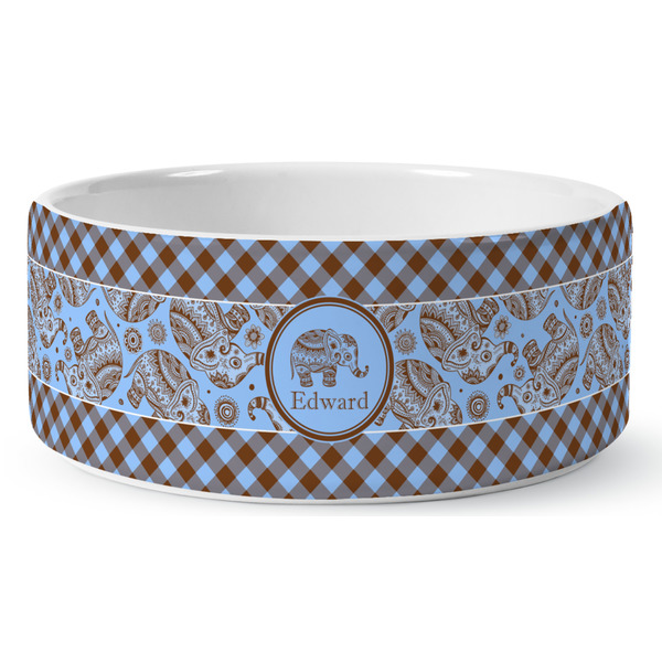 Custom Gingham & Elephants Ceramic Dog Bowl - Large (Personalized)