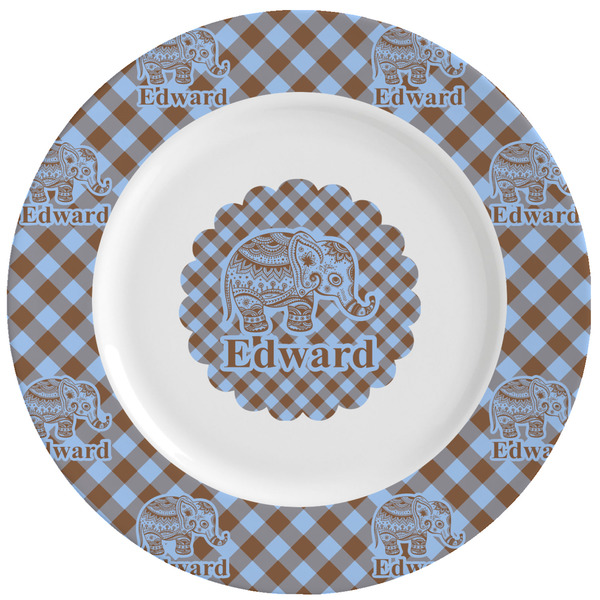 Custom Gingham & Elephants Ceramic Dinner Plates (Set of 4) (Personalized)