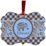 Gingham & Elephants Metal Frame Ornament - Double Sided w/ Name or Text
