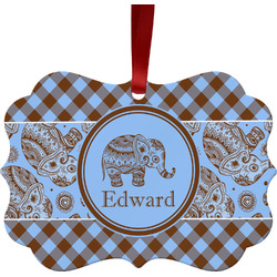 Gingham & Elephants Metal Frame Ornament - Double Sided w/ Name or Text