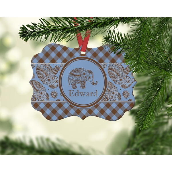 Gingham & Elephants Christmas Ornament (On Tree)