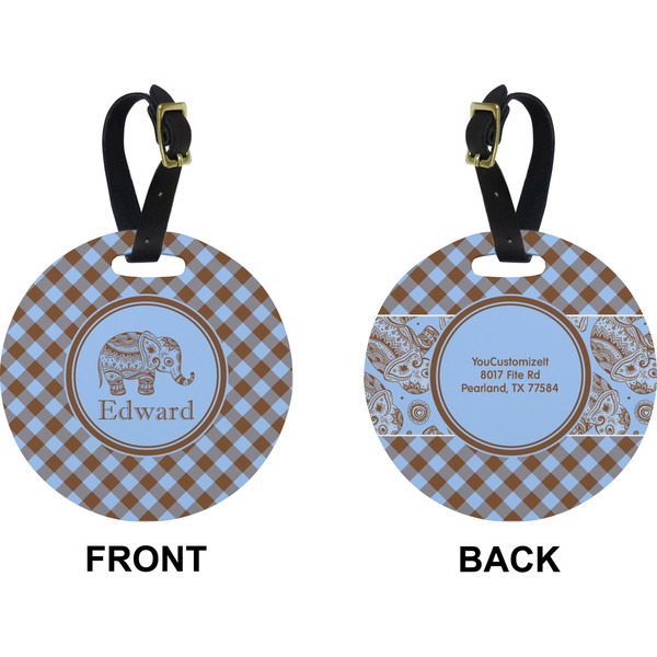 Gingham & Elephants Circle Luggage Tag (Front + Back)