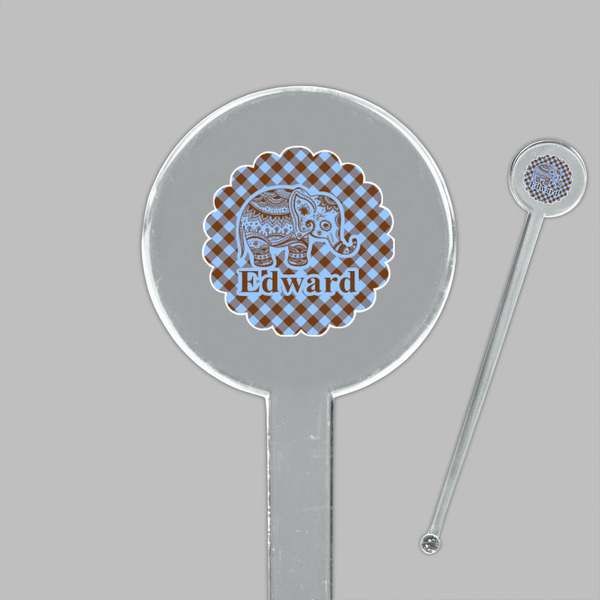 Gingham & Elephants Clear Plastic 7" Stir Stick - Round - Closeup