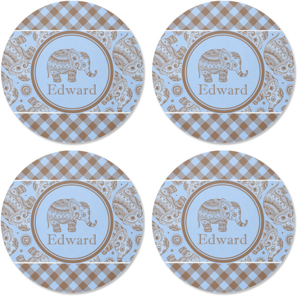 Gingham & Elephants Coaster Round Rubber Back - Apvl