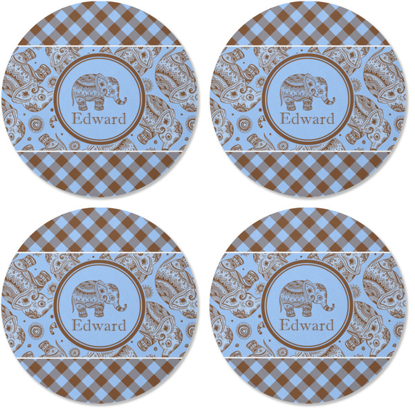 Gingham & Elephants Coaster Round Rubber Back - Apvl