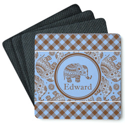 Gingham & Elephants Square Rubber Backed Coasters - Set of 4 (Personalized)