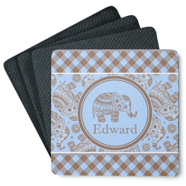 Custom Gingham & Elephants Square Rubber Backed Coasters - Set of 4 (Personalized)