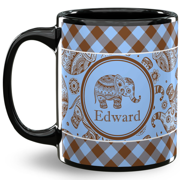 Custom Gingham & Elephants 11 Oz Coffee Mug - Black (Personalized)