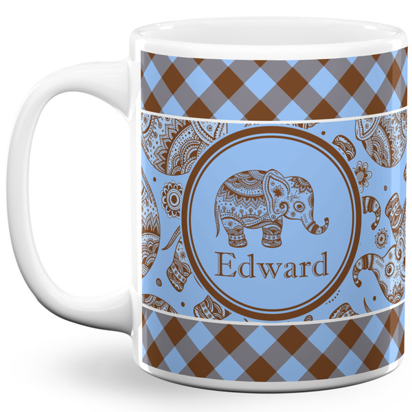 Custom Gingham & Elephants 11 Oz Coffee Mug - White (Personalized)