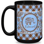 Gingham & Elephants 15 Oz Coffee Mug - Black (Personalized)