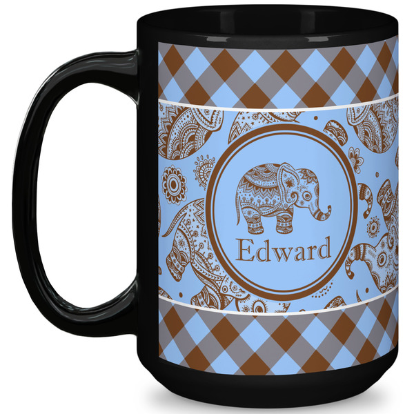 Custom Gingham & Elephants 15 Oz Coffee Mug - Black (Personalized)