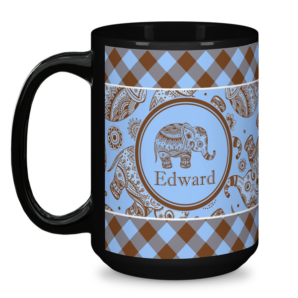 Gingham & Elephants Coffee Mug - 15 oz - Black