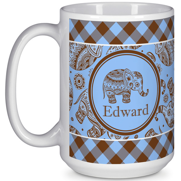 Custom Gingham & Elephants 15 Oz Coffee Mug - White (Personalized)