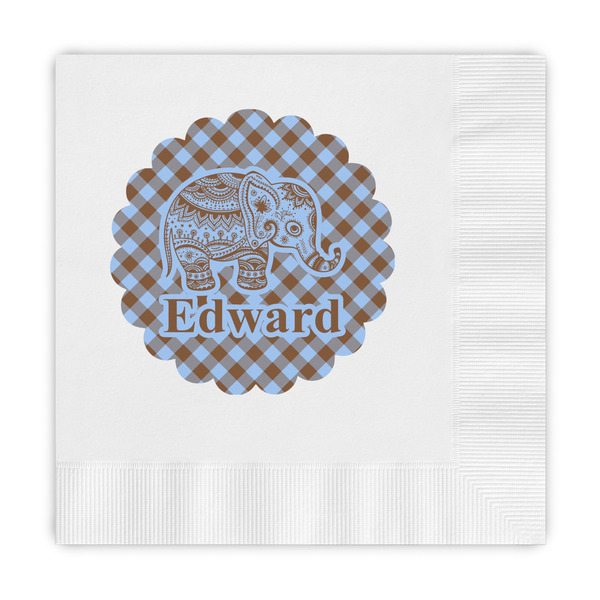 Custom Gingham & Elephants Embossed Decorative Napkins (Personalized)