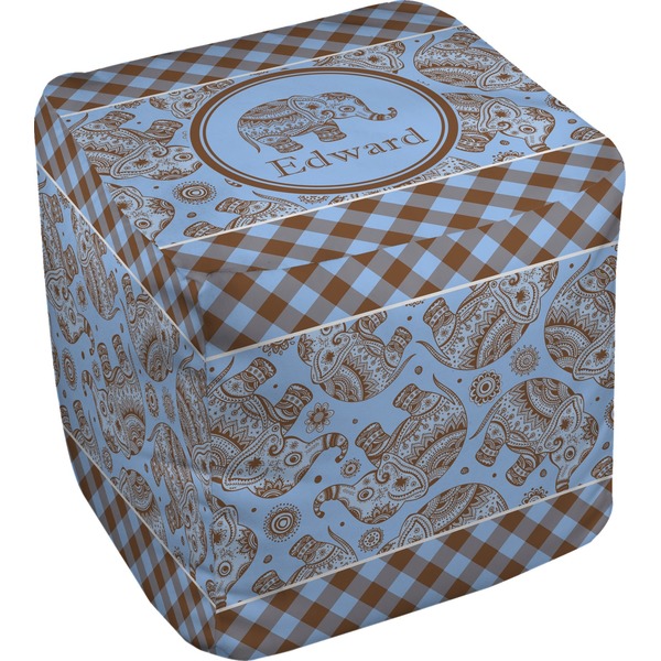 Custom Gingham & Elephants Cube Pouf Ottoman (Personalized)