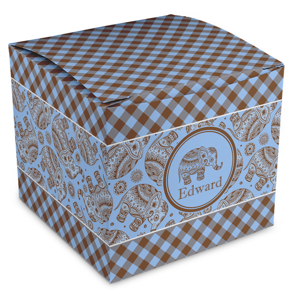 Custom Gingham & Elephants Cube Favor Gift Boxes (Personalized)