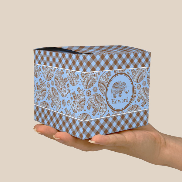 Gingham & Elephants Cube Favor Gift Box - On Hand - Scale View
