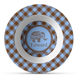 Gingham & Elephants Plastic Bowl - Microwave Safe - Composite Polymer (Personalized)