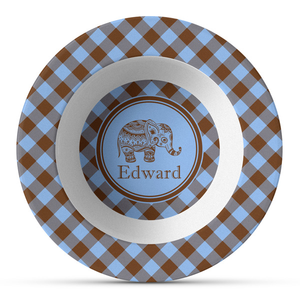 Custom Gingham & Elephants Plastic Bowl - Microwave Safe - Composite Polymer (Personalized)