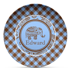 Gingham & Elephants Microwave Safe Plastic Plate - Composite Polymer (Personalized)