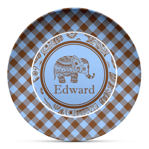 Custom Gingham & Elephants Microwave Safe Plastic Plate - Composite Polymer (Personalized)