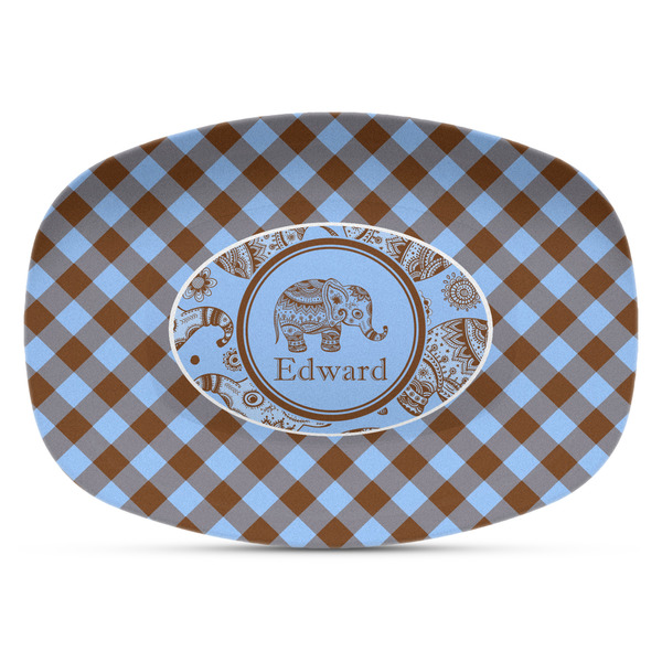 Custom Gingham & Elephants Plastic Platter - Microwave & Oven Safe Composite Polymer (Personalized)