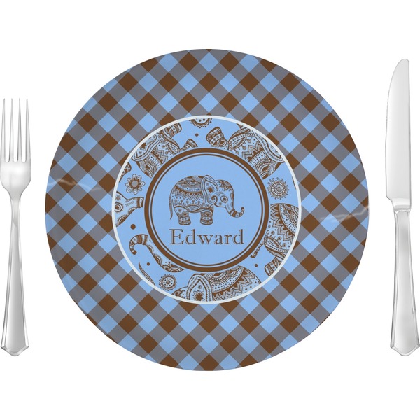 Custom Gingham & Elephants 10" Glass Lunch / Dinner Plates - Single or Set (Personalized)