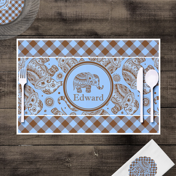 Gingham & Elephants Disposable Paper Placemat - In Context