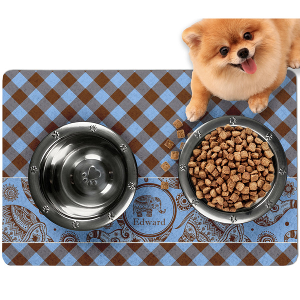 Custom Gingham & Elephants Dog Food Mat - Small w/ Name or Text
