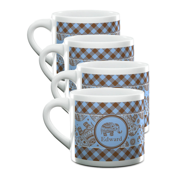 Custom Gingham & Elephants Double Shot Espresso Cups - Set of 4 (Personalized)