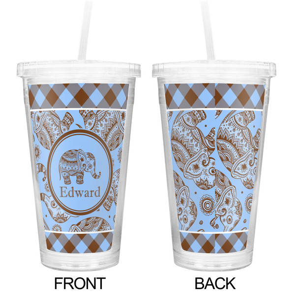 Gingham & Elephants Double Wall Tumbler with Straw - Approval