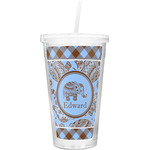 Gingham & Elephants Double Wall Tumbler with Straw (Personalized)