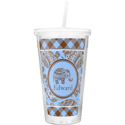 Gingham & Elephants Double Wall Tumbler with Straw (Personalized)