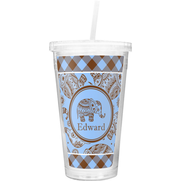 Custom Gingham & Elephants Double Wall Tumbler with Straw (Personalized)