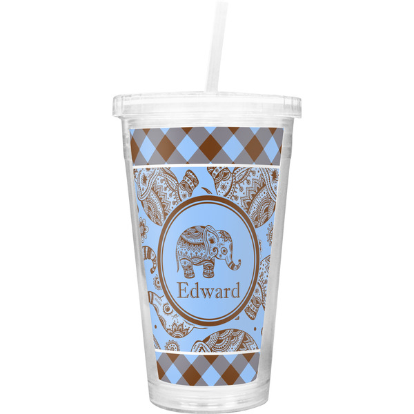 Custom Gingham & Elephants Double Wall Tumbler with Straw (Personalized)