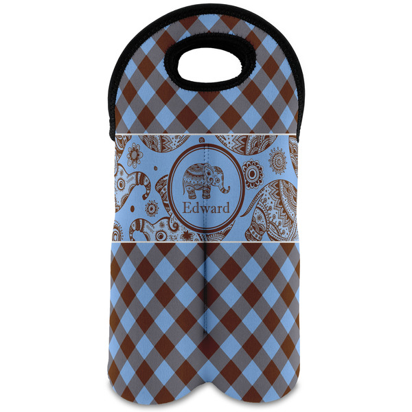 Custom Gingham & Elephants Wine Tote Bag (2 Bottles) (Personalized)