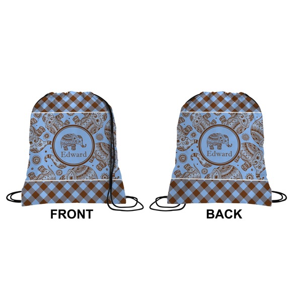 Gingham & Elephants Drawstring Backpack Front & Back Medium