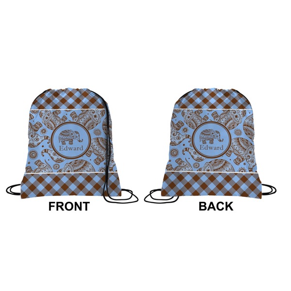 Gingham & Elephants Drawstring Backpack Front & Back Small
