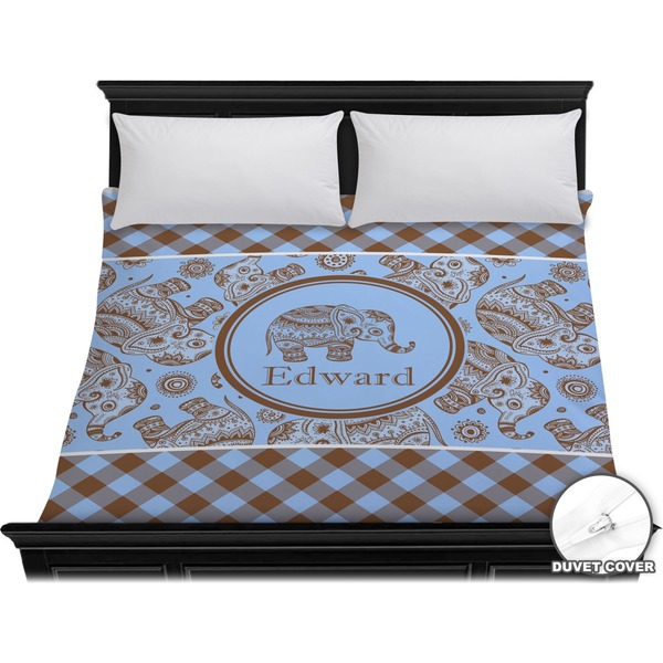 Custom Gingham & Elephants Duvet Cover - King (Personalized)