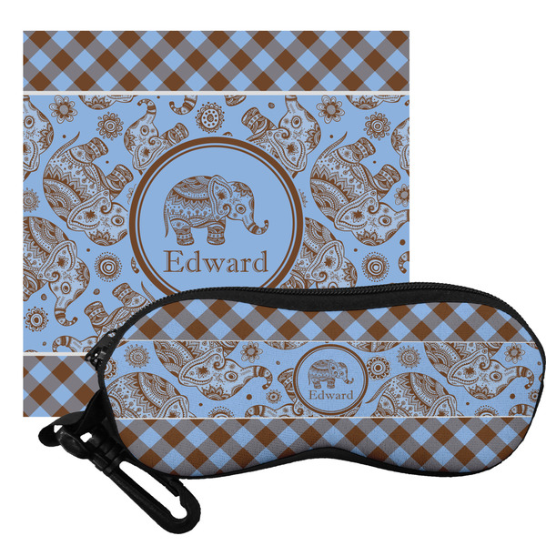 Custom Gingham & Elephants Eyeglass Case & Cloth (Personalized)