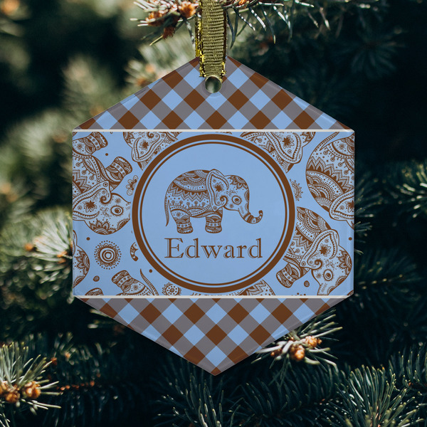 Gingham & Elephants Frosted Glass Ornament - Hexagon (Lifestyle)