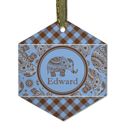 Gingham & Elephants Flat Glass Ornament - Hexagon w/ Name or Text