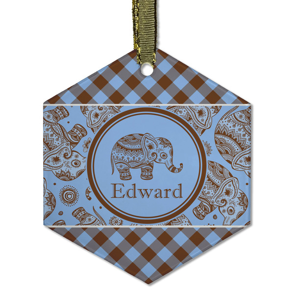 Gingham & Elephants Frosted Glass Ornament - Hexagon