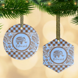 Gingham & Elephants Flat Glass Ornament w/ Name or Text