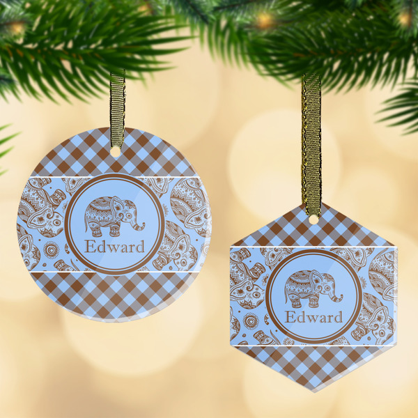 Custom Gingham & Elephants Flat Glass Ornament w/ Name or Text