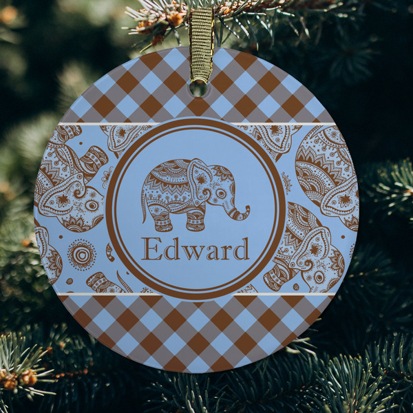 Gingham & Elephants Frosted Glass Ornament - Round (Lifestyle)