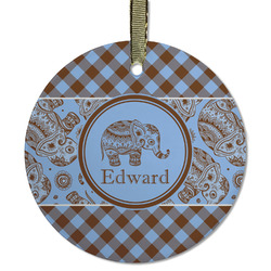 Gingham & Elephants Flat Glass Ornament - Round w/ Name or Text