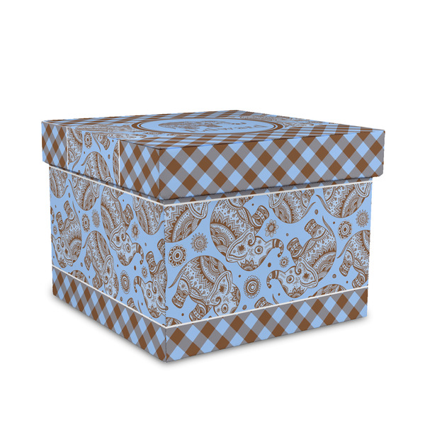 Custom Gingham & Elephants Gift Box with Lid - Canvas Wrapped - Medium (Personalized)