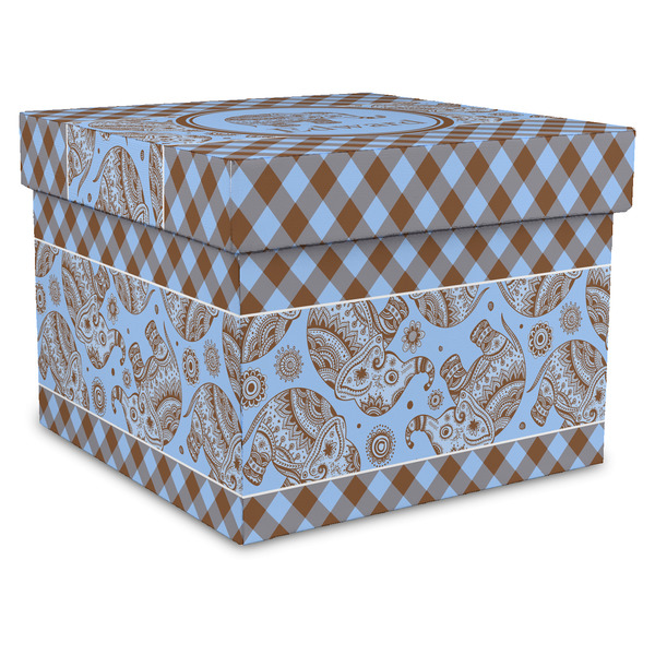 Custom Gingham & Elephants Gift Box with Lid - Canvas Wrapped - XX-Large (Personalized)